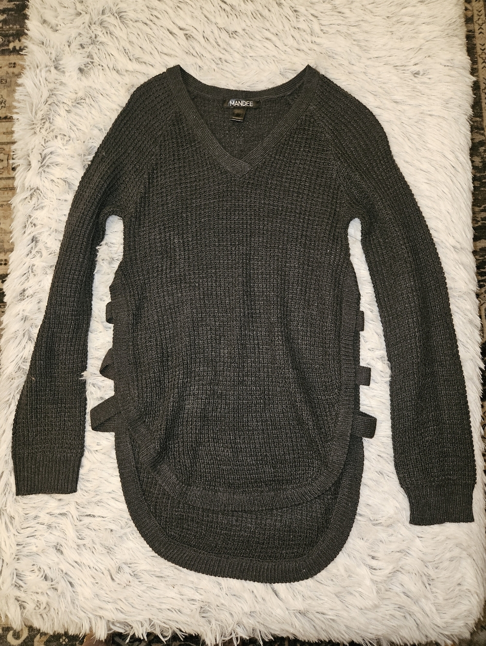 Mandee Charcoal Waffle Knit Sweater w/ Side Strap Detail – Size Large (Flawed)
